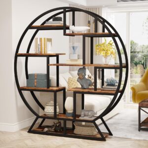 Tribesigns Bookshelf, Round Bookshelves Etagere Bookcase, 63 Inch Industrial Wood Book Shelf with Staggered Shelves, Rustic Open Shelving Organizer Rack Display Shelf for Home Office, Living Room