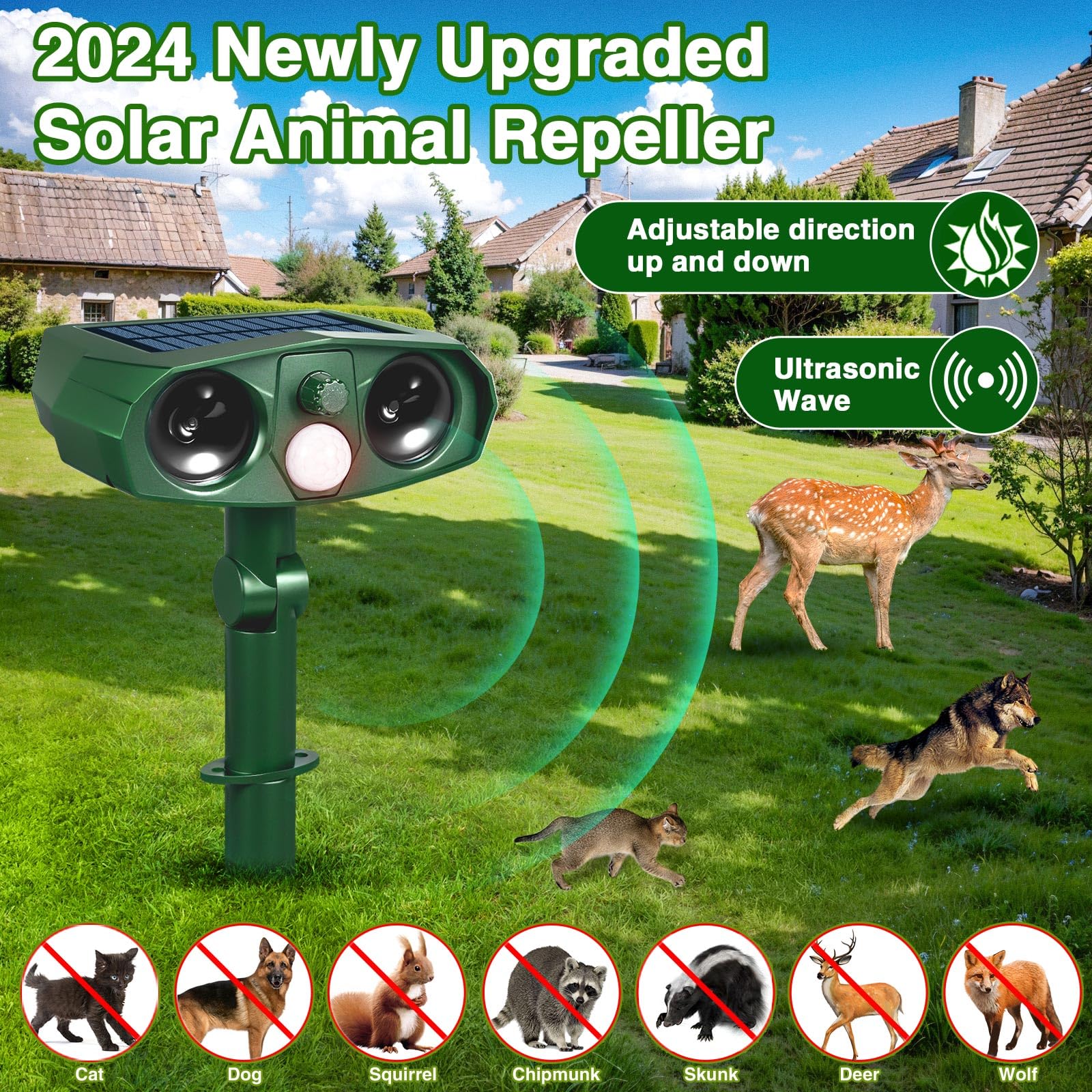 2 Pcs Ultrasonic Cat Repellent Outdoor Solar Animal Repeller for Cat Dog Deer Raccoon Rabbit Skunk Squirrel, Safe Deer Repellent Devices Animal Deterrent with Motion Sensor for Yard Lawn