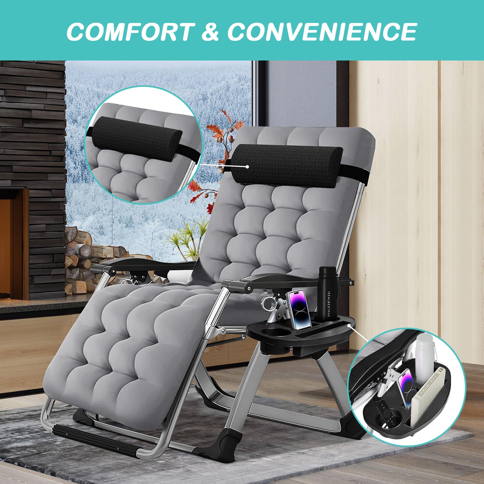 OFIKA Zero Gravity Chair,Adjustable Folding Reclining Lounge Chair with Removable Cushion&Headrest,Cup Holder, Foot Rest, Polyester Mesh,Reclining Patio Chair for Indoor and Outdoor