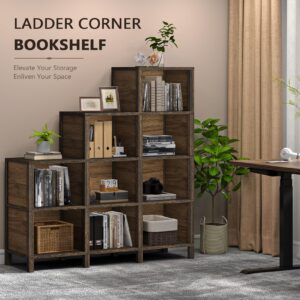 TVU 9-Cube Ladder Bookcase & Bookshelf, Floor Standing Display Storage 12 Shelves Bookshelf (Rustic Brown)