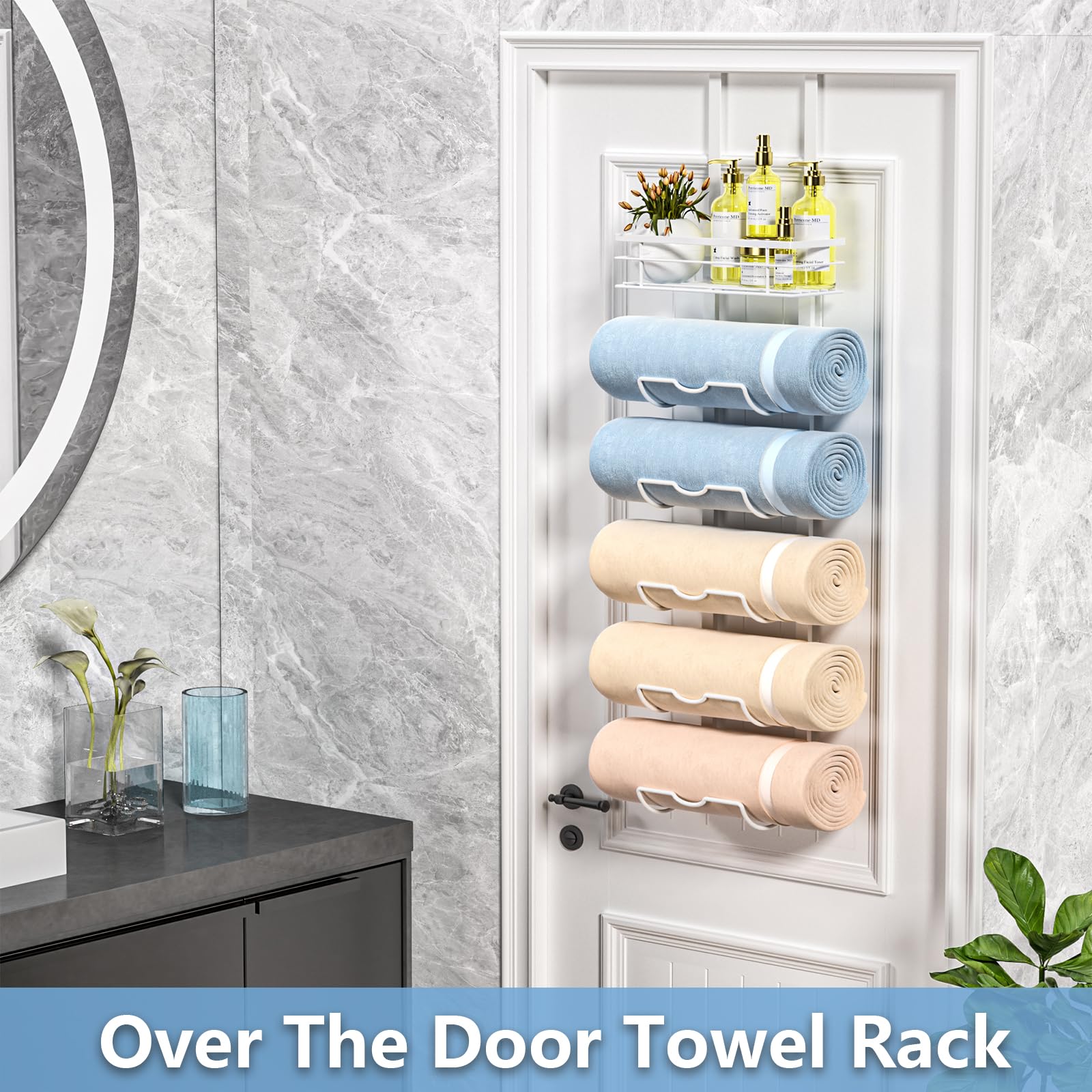 Xstydes 6-Tier Over The Door Towel Rack,Towel Racks for Bathroom, Metal Towel Holder with Storage Basket,Towel Rack for Rolled Towels,Bathroom Shelves,White