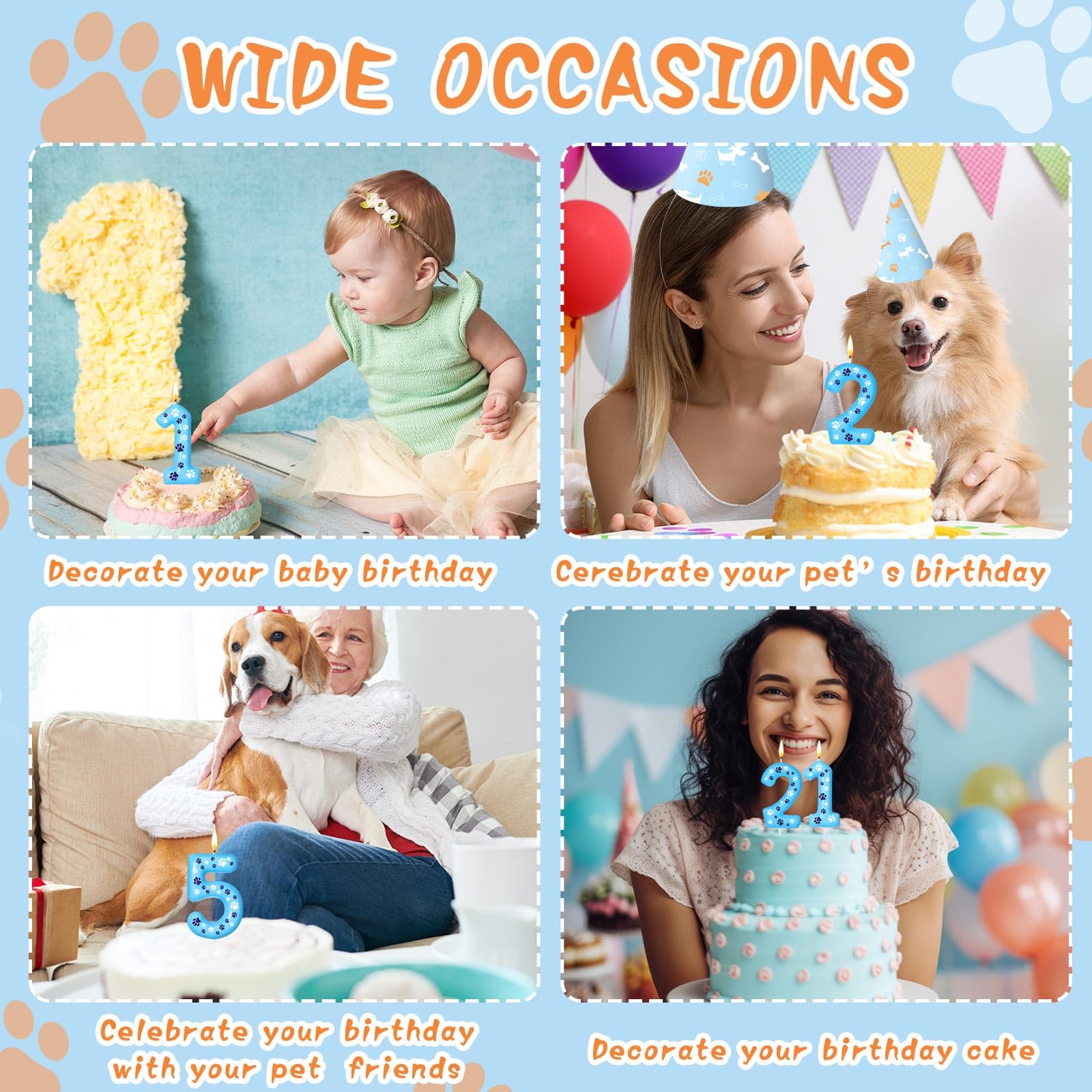 Threlaco Number 2 Blue Dog Paw Birthday Candles Birthday Cake Topper Blue Dog Paw Print Themed Numeral Birthday Candles for Boy Girl Dog Paw Birthday Decoration Blue Dog Party Supplies