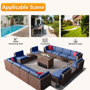 Jolydale Patio Furniture 15 Pieces Outdoor Furniture Set with 40" Fire Pit Table Wicker Rattan Sectional Conversation Set with Coffee Table for Patio, Garden, and Backyard (Blue)