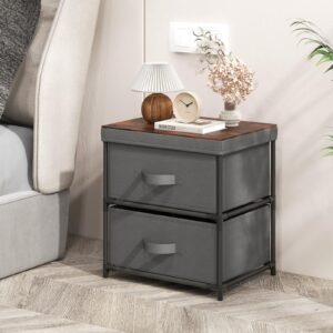 GOFLAME Fabric Dresser with 2 Drawers, Nightstand for Bedroom, Bedside Table with Removable Fabric Bins & Handles, Sofa Side Table, End Table for Living Room, Entryway, Grey & Rustic Brown