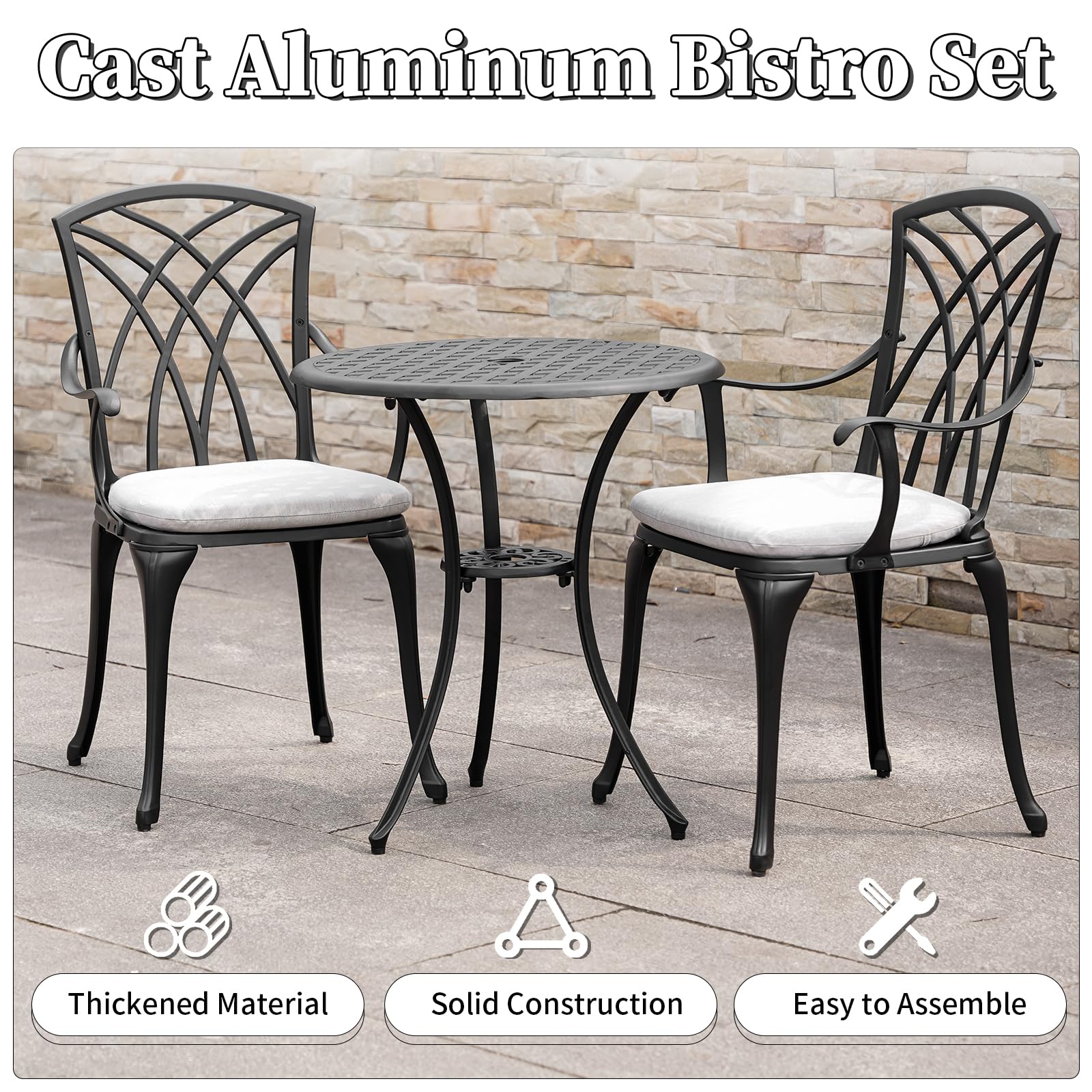 Withniture 3 Piece Outdoor Bistro Set, Patio Bistro Table Set, All Weather Bistro Table and Chair Set of 2, Patio Dinning Furniture for Garden, Porch, Backyard