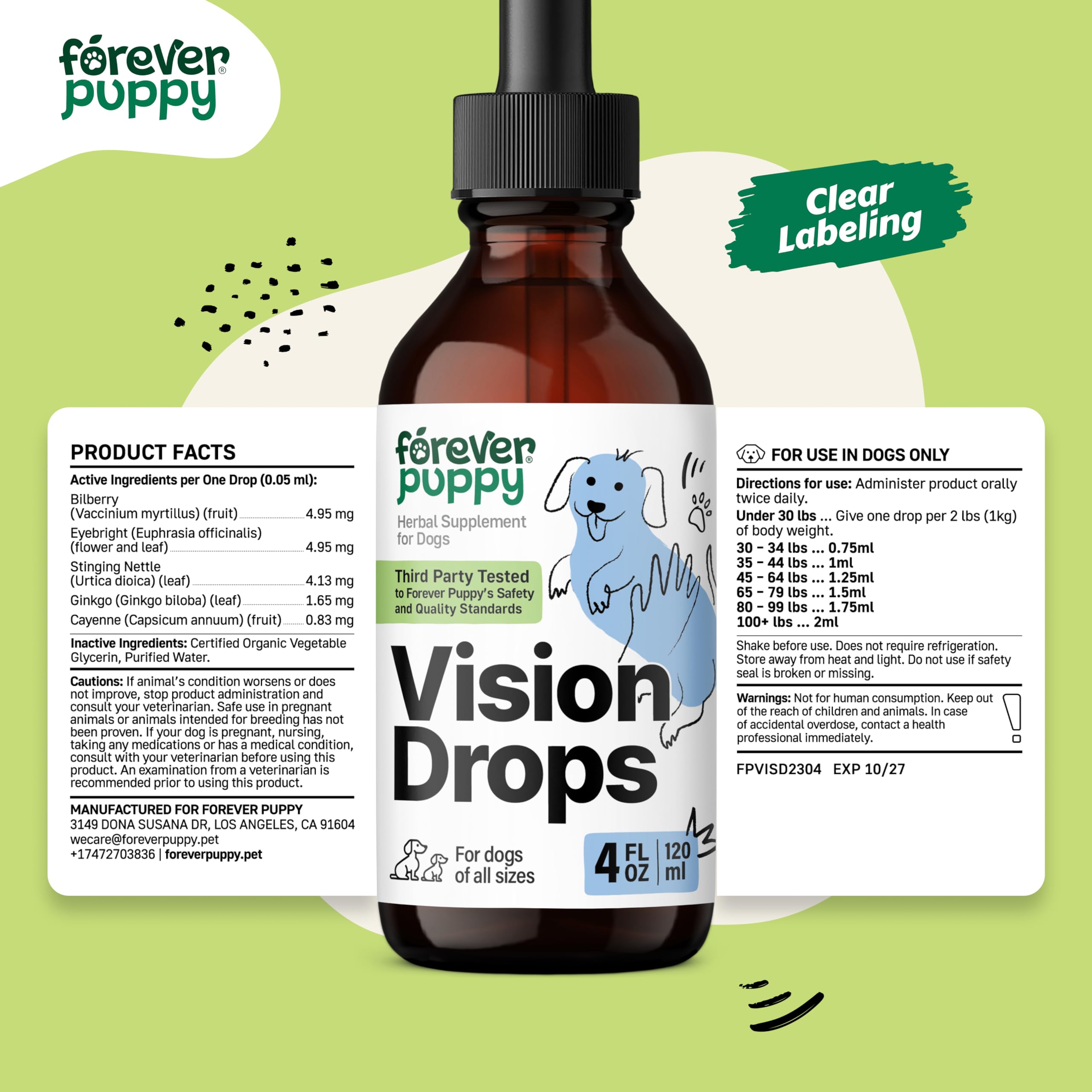 Vision Supplement for Dogs - Eye Tincture for All Breeds & Sizes - Eye Supplements for Dogs w/Bilberry & Eyebright Herb - Liquid Vitamins and Supplements for Eye Care and Vision - 4 oz