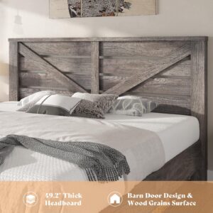 AMERLIFE Queen Size Farmhouse Bed Frame with 49.2" Barn Door Headboard, Platform Bed Frame with Wood Slats, Under Bed Storage Space, Easy Assembly, Noisy Free, Rustic Gray