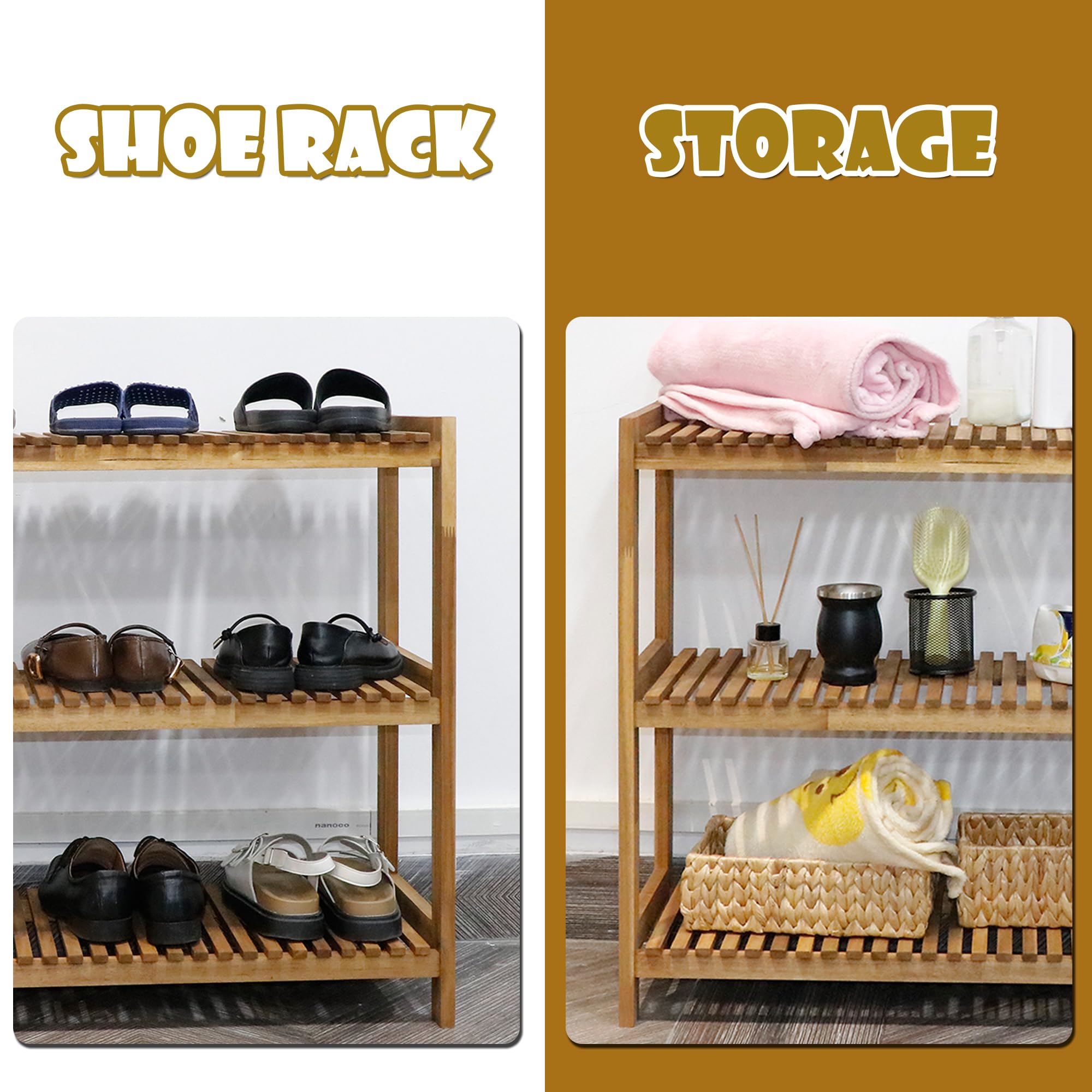 VICTORY RELAX 3-Tier Shoe Rack for Entryway,Acacia Wood Shoe Rack, Free Standing Shoe Racks for Indoor & Outdoor, Stackable Shoe Organizer for Closet