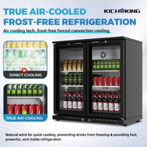 KICHKING 7.4 Cu.Ft Back Bar Cooler 35.4" W Beverage Refrigerator, 2 Low-E Glass Doors, Counter Height Bar Fridge, Commercial Display Refrigerator Anti-Fog, LED Light Beer, Wine, Soda, Soft Drinks