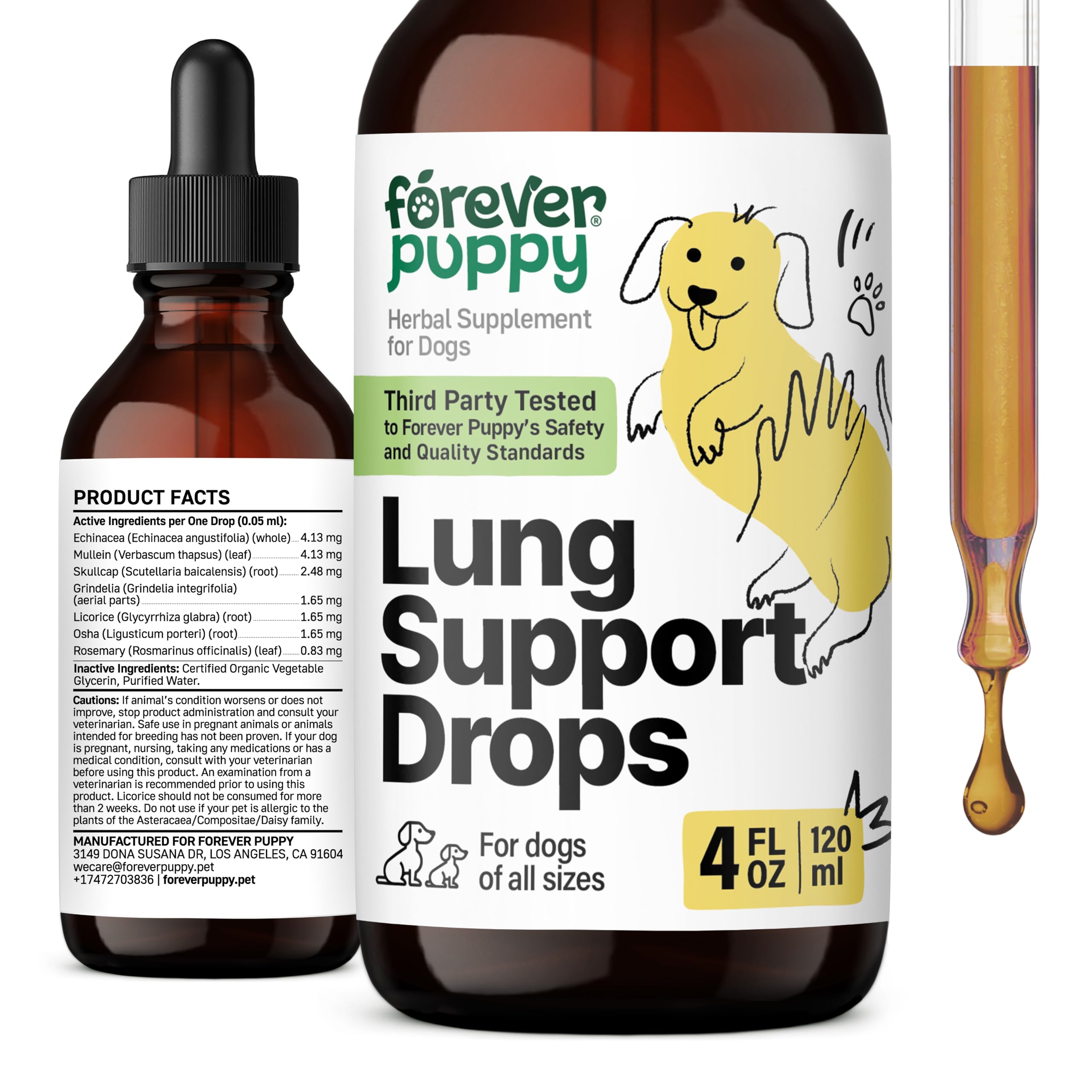 Lung Support Drops for Dogs - Vegan Dog Respiratory Health Supplements - Herbal Respiratory Support for Dogs w/Mullein Leaf and Echinacea Herb - Liquid Dog Vitamins for Pet's Lung Care - 4 oz