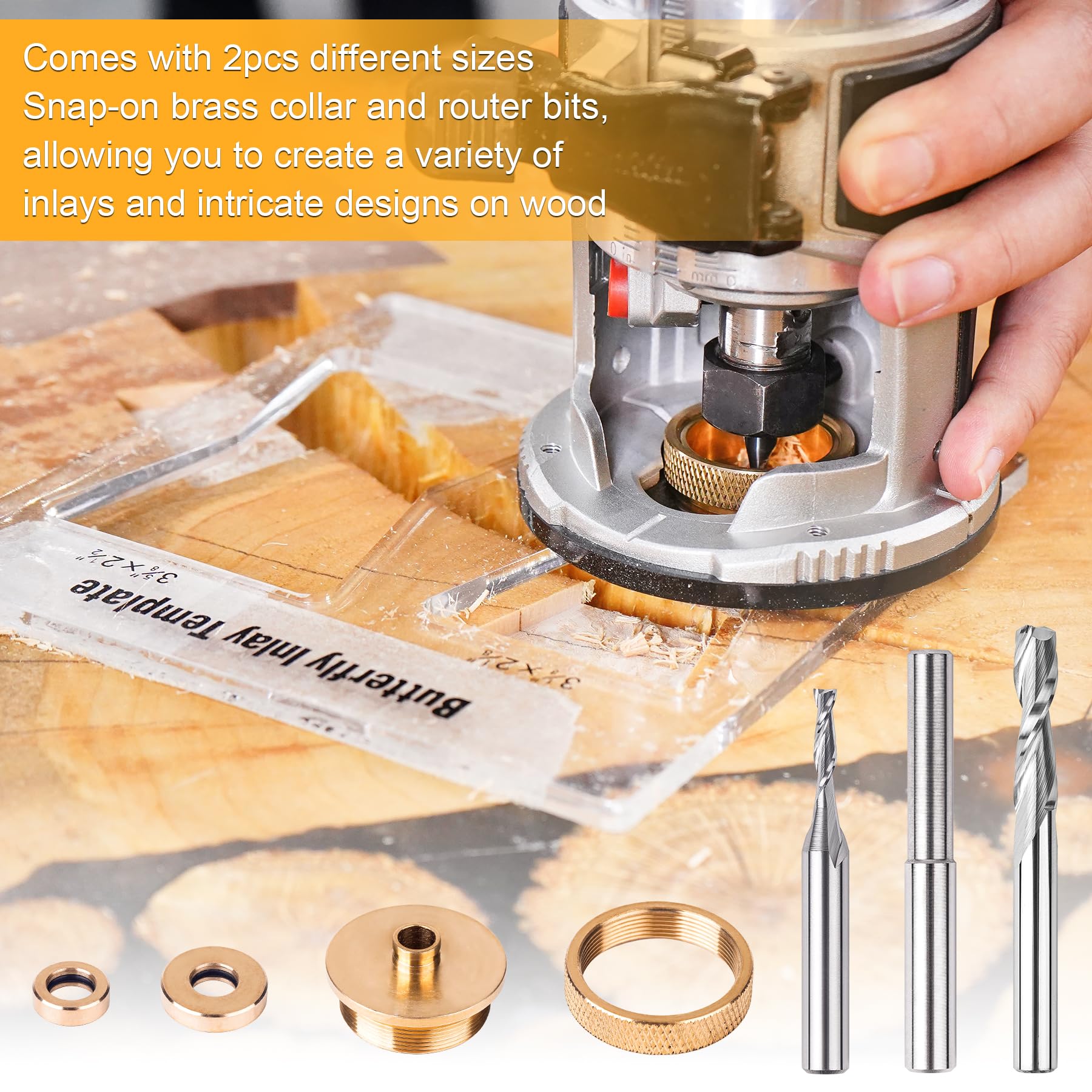 SpeTool Router Bits Solid Brass Router Inlay Kit, Include 1/8" and 1/4 Cutting Diameter with 1/4 Shank Carbide Spiral Upcut Router Bit, Router Bushing Guide Set for Wood