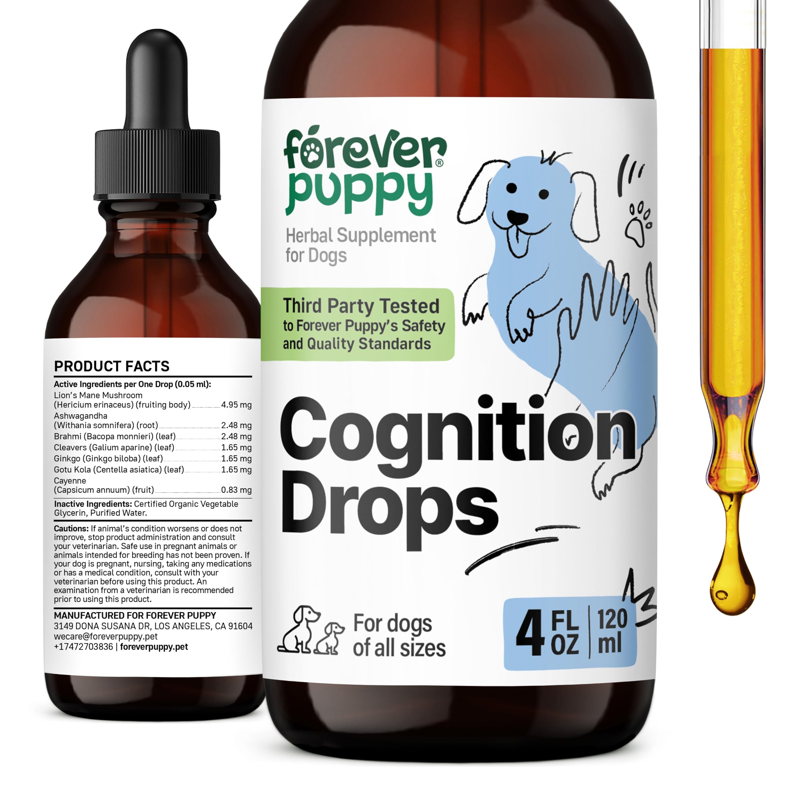 Cognition Drops for Dogs - Lion's Mane Mushroom Supplement for Dogs - Brain Health Support w/Ginkgo Biloba - Cognitive Drops w/Ashwagandha Root - Dog Mushroom Supplements for Focus & Clarity - 4 oz