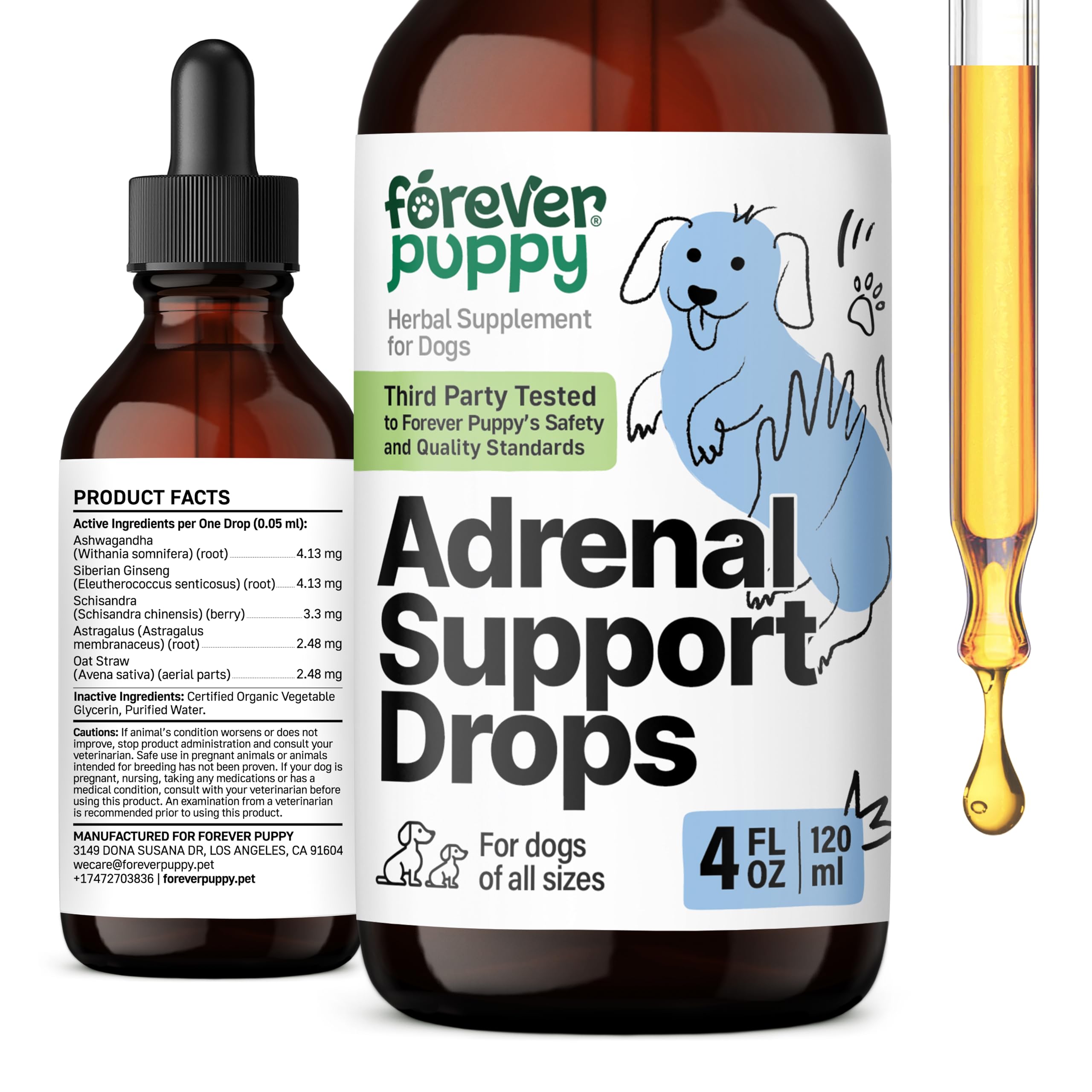 Adrenal Drops for Dogs - Adrenal Wellbeing w/Ashwagandha Liquid Drops - Calming Care for All Breeds & Sizes - Herbal Energy Drops w/Ginseng Root - Dog Food Supplements for Adrenal Support - 4 oz