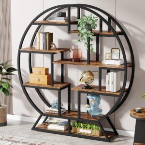 tribesigns bookshelf, round bookshelves etagere bookcase, 63 inch industrial wood book shelf with staggered shelves, rustic open shelving organizer rack display shelf for home office, living room