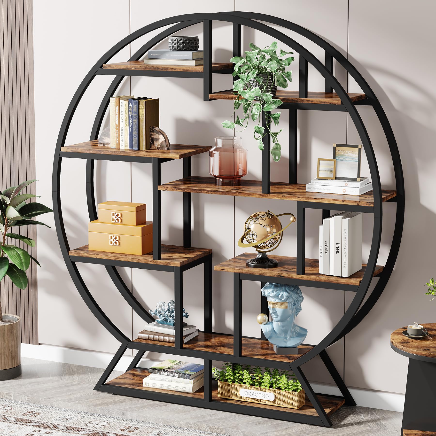 Tribesigns Bookshelf, Round Bookshelves Etagere Bookcase, 63 Inch Industrial Wood Book Shelf with Staggered Shelves, Rustic Open Shelving Organizer Rack Display Shelf for Home Office, Living Room