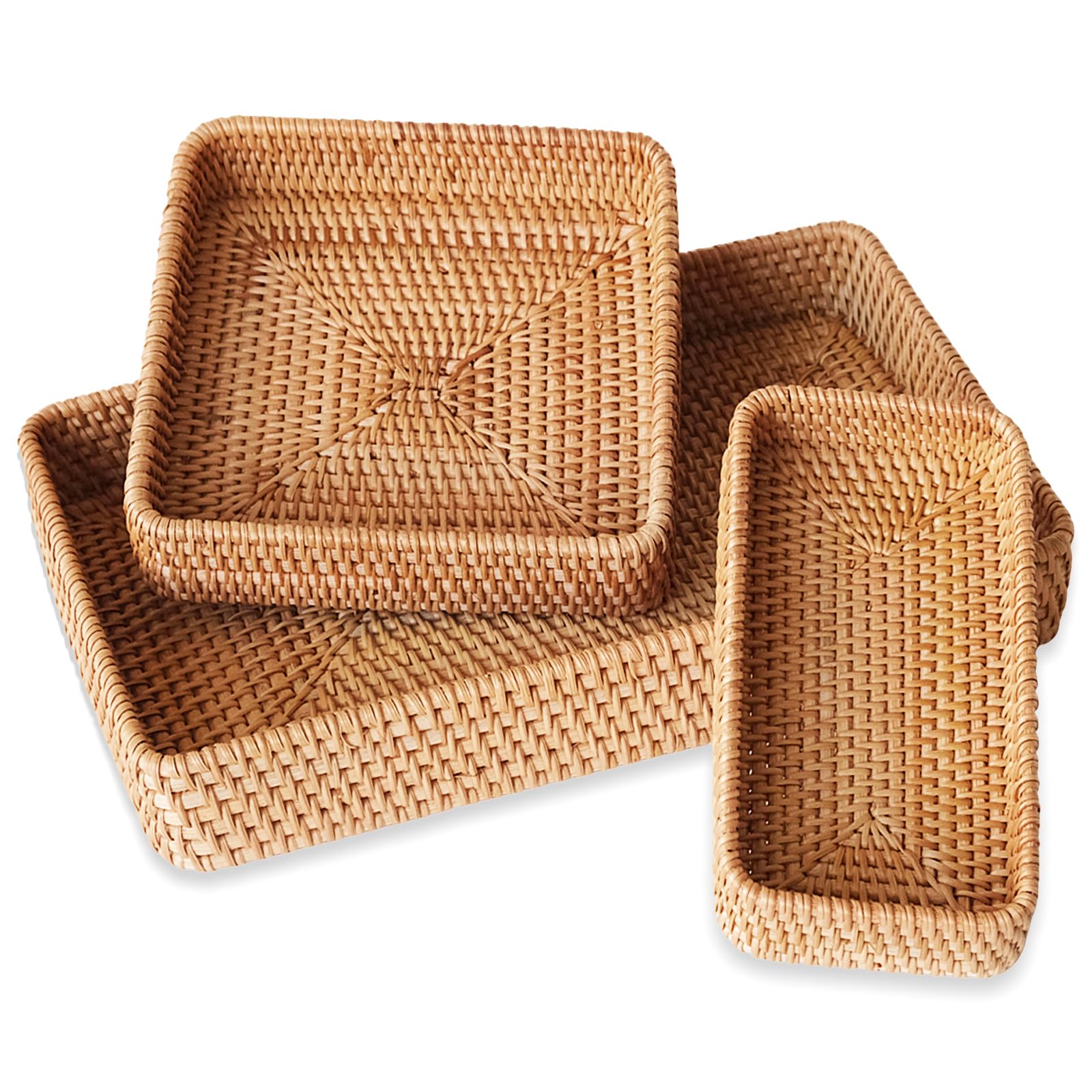 Rattan Serving Tray, Set of 3 Rectangle Woven Tray, Wicker Storage Basket Wicker Baskets for Organizing, Natural Wicker Decorative Serving Baskets for Organizing Tabletop Bathroom Kitchen Counter