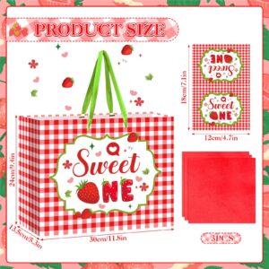 Strawberry 1st Birthday Gift Bag Red Berry Birthday Decorations Large Sweet One Birthday Wrapping Bag with Tissue Paper and Greeting Card for Girl Baby Shower Berry First Birthday Party Supplies