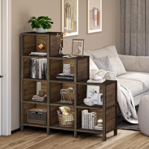 TVU 9-Cube Ladder Bookcase & Bookshelf, Floor Standing Display Storage 12 Shelves Bookshelf (Rustic Brown)