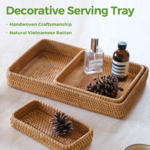 Rattan Serving Tray, Set of 3 Rectangle Woven Tray, Wicker Storage Basket Wicker Baskets for Organizing, Natural Wicker Decorative Serving Baskets for Organizing Tabletop Bathroom Kitchen Counter