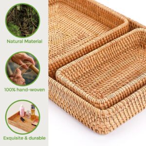 Rattan Serving Tray, Set of 3 Rectangle Woven Tray, Wicker Storage Basket Wicker Baskets for Organizing, Natural Wicker Decorative Serving Baskets for Organizing Tabletop Bathroom Kitchen Counter