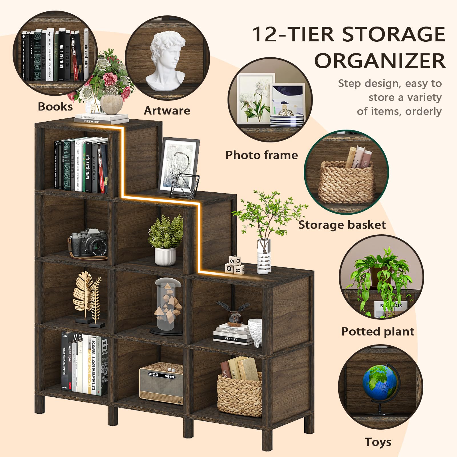 TVU 9-Cube Ladder Bookcase & Bookshelf, Floor Standing Display Storage 12 Shelves Bookshelf (Rustic Brown)