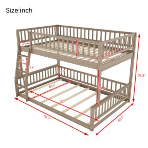 ATY Full XL Over Queen Bunk Bed, Convertible Wooden Bedframe with Ladder and Guardrails, Can Bed Seperated into 2Beds, for Kids Bedroom, Dorm, No Spring Needed, 84.7" L x 63.7" W x 58.3" H,Natural