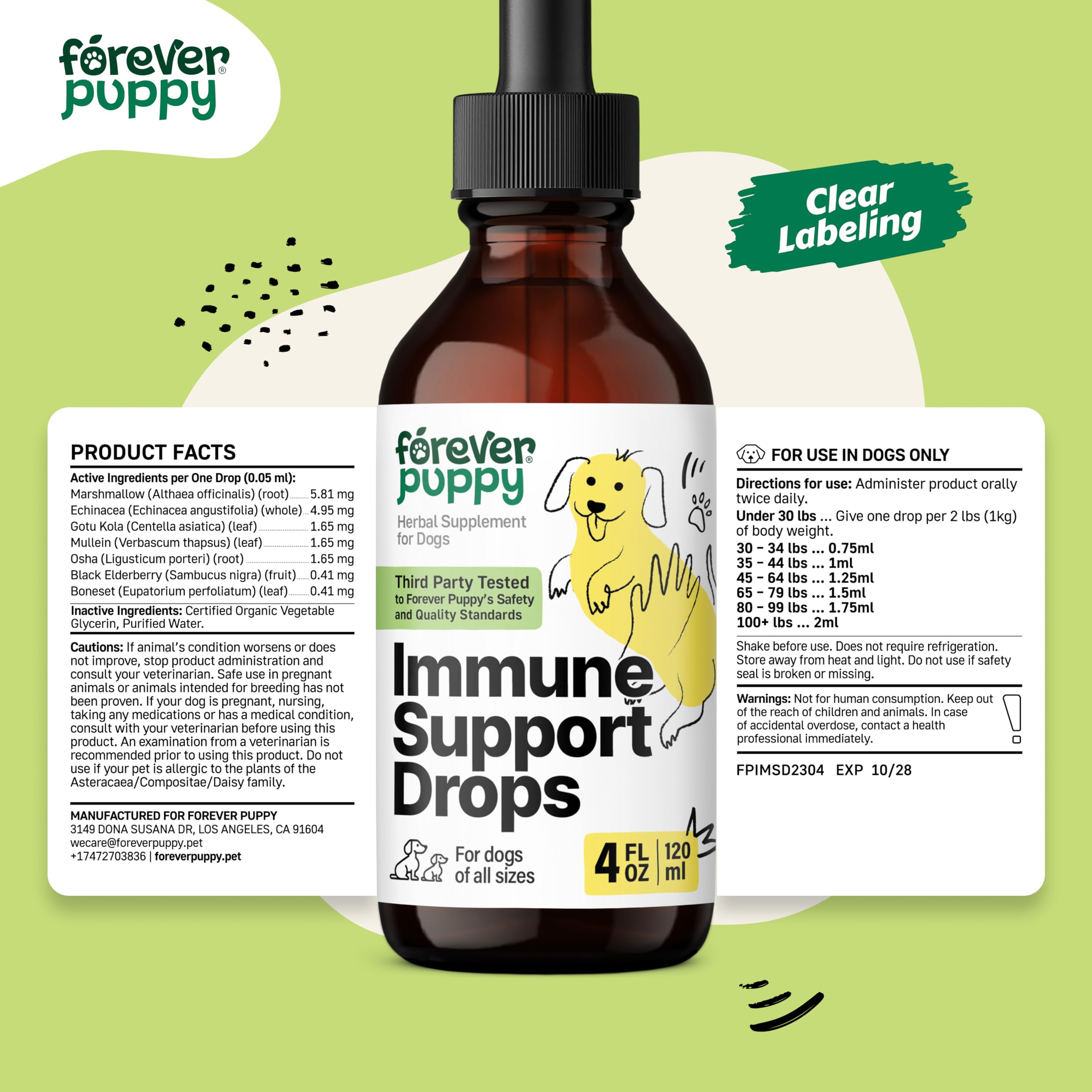 Immune Support Supplement for Dogs - Liquid Immune Drops for All Breeds & Sizes - Echinacea, Marshmallow Root & Mullein Immunity Blend - Herbal Dog Vitamins and Supplements for Happy Pets - 4 oz