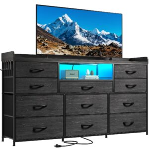 enhomee dresser tv stand with 11 drawers for 60" tv stand for bedroom with led lights & power outlets long dresser for bedroom with shelves & 4 hooks sturdy metal frame & wood top, charcoal black