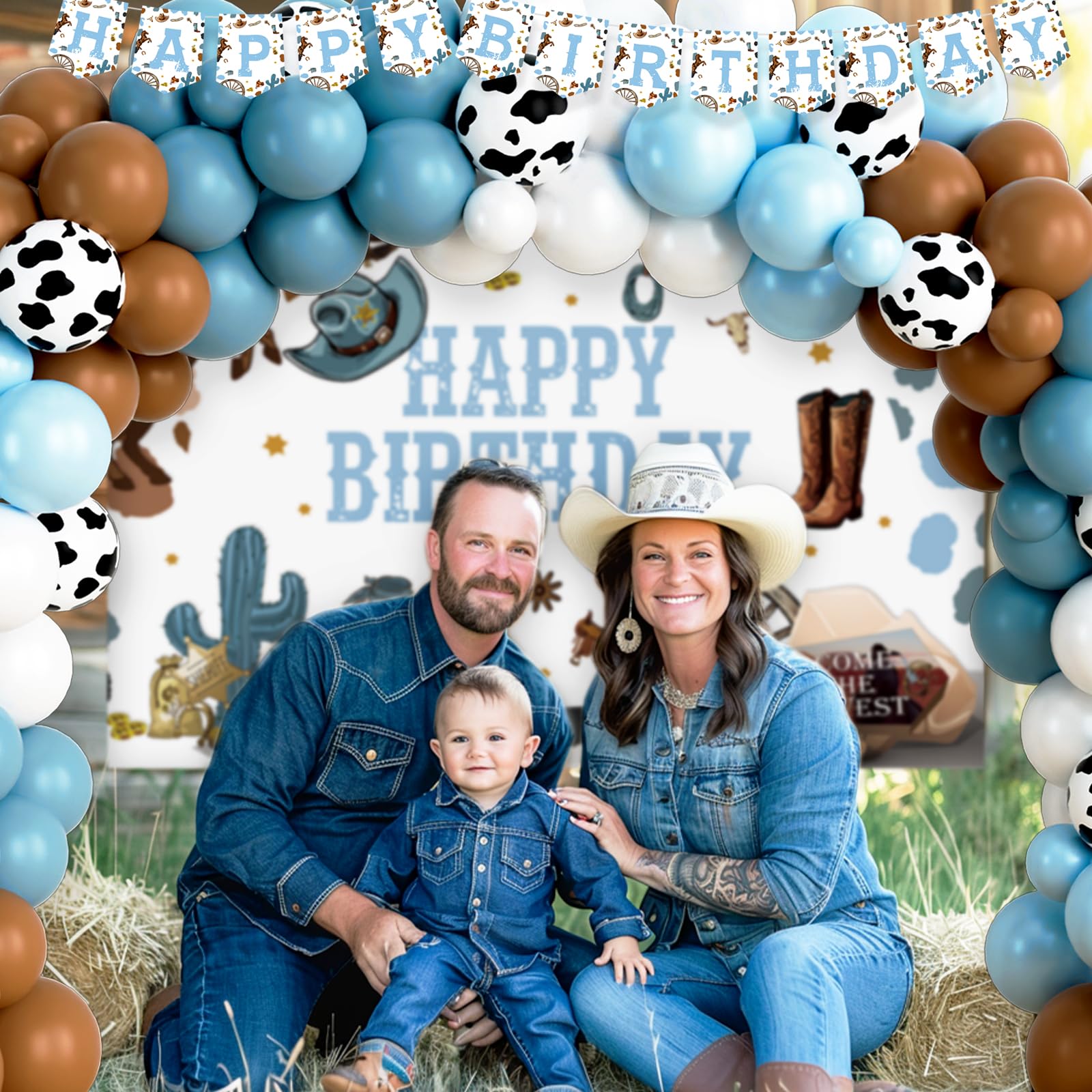 Hombae Cowboy Party Decorations, Cowboy Theme Birthday Supplies, Blue Western Rodeo Wild West Horse Birthday Decorations for Boys, Backdrop Balloon Banner Tablecloth Cake Topper Plates Napkins Forks