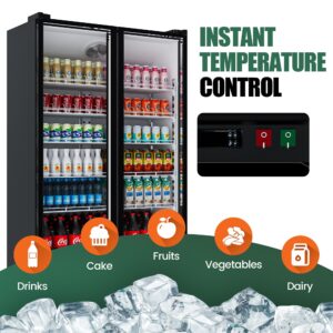 Full Screen Glass Commercial Cooler 27.1 Cu.Ft Aluminum Alloy Frame Merchandiser Refrigerator Low-E Glass Door Display Refrigerator Beverage Cooler, Adjustable Shelves Drink Organizer ETL/DOE, Black