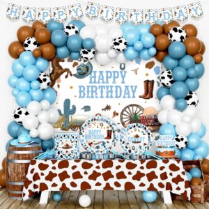 hombae cowboy party decorations, cowboy theme birthday supplies, blue western rodeo wild west horse birthday decorations for boys, backdrop balloon banner tablecloth cake topper plates napkins forks