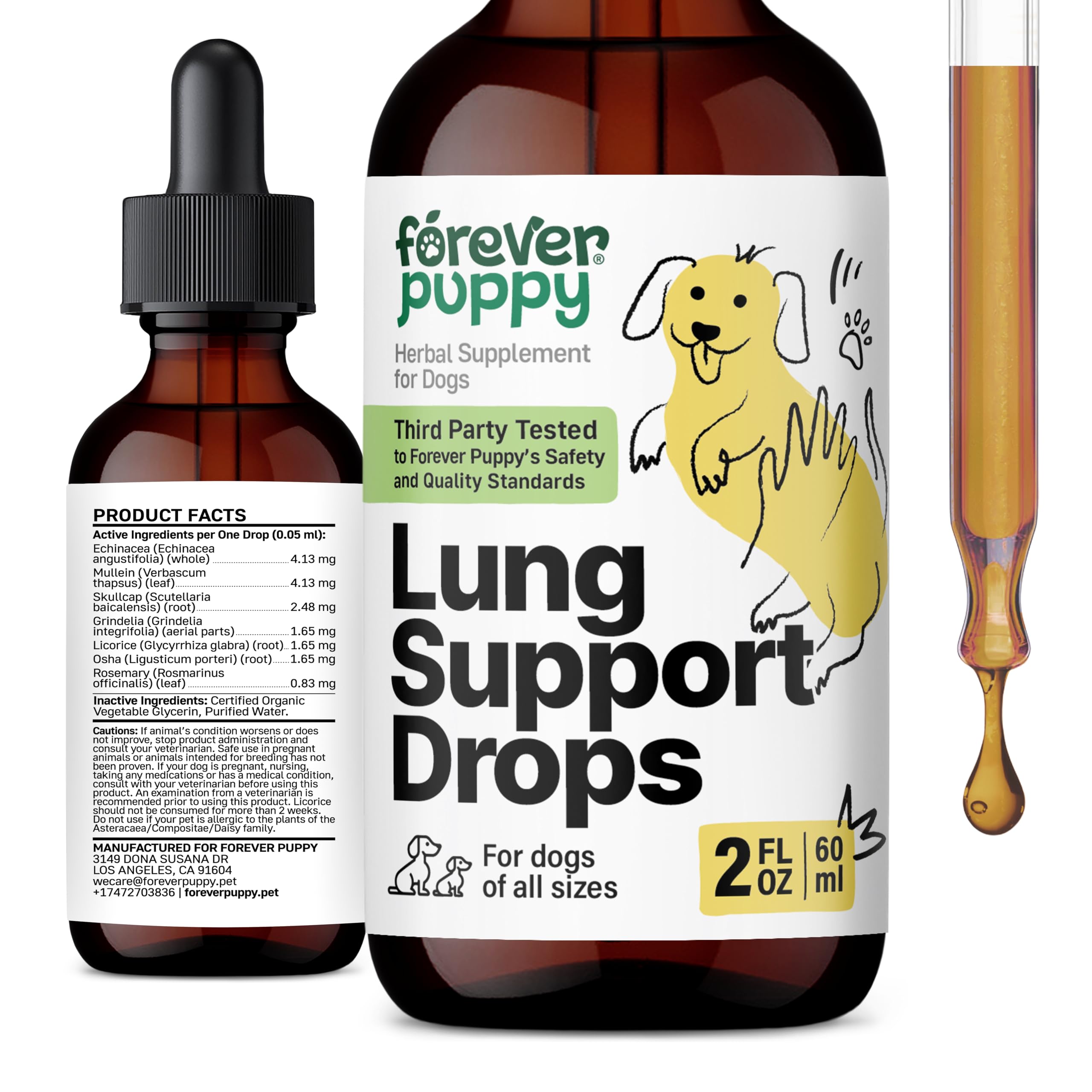 Lung Support Drops for Dogs - Respiratory Support Supplement for Dogs w/Mullein Leaf - Herbal Dog Respiratory Health Drops - Dog Vitamins for Lungs w/Mullein Extract & Echinacea - 2 oz