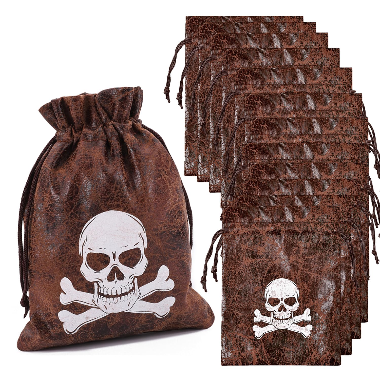 RICHNESS Pirate Loot Bags Goodie Bags with Drawstring 4.5 x 6.5 Inches Faux Cow Skin Pirate Treasure Bags for Pirate Party Favors Pack of 24