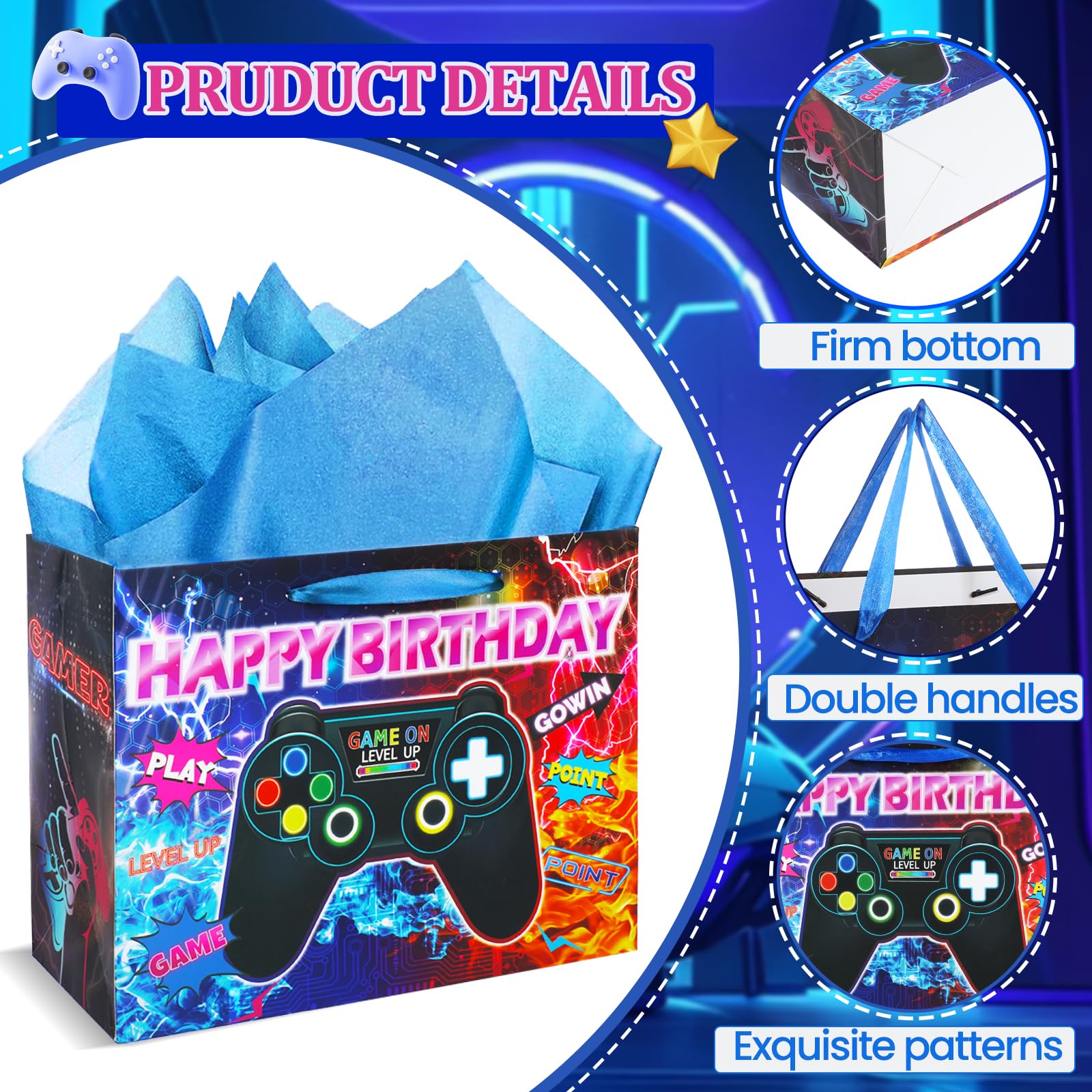 Game Theme Birthday Gift Bags Video Game Birthday Party Decorations Gaming Birthday Favor Bags with Gamer Happy Birthday Tissue Paper and Greeting Card for Boys Girls Game Theme Birthday Christmas Party Decor