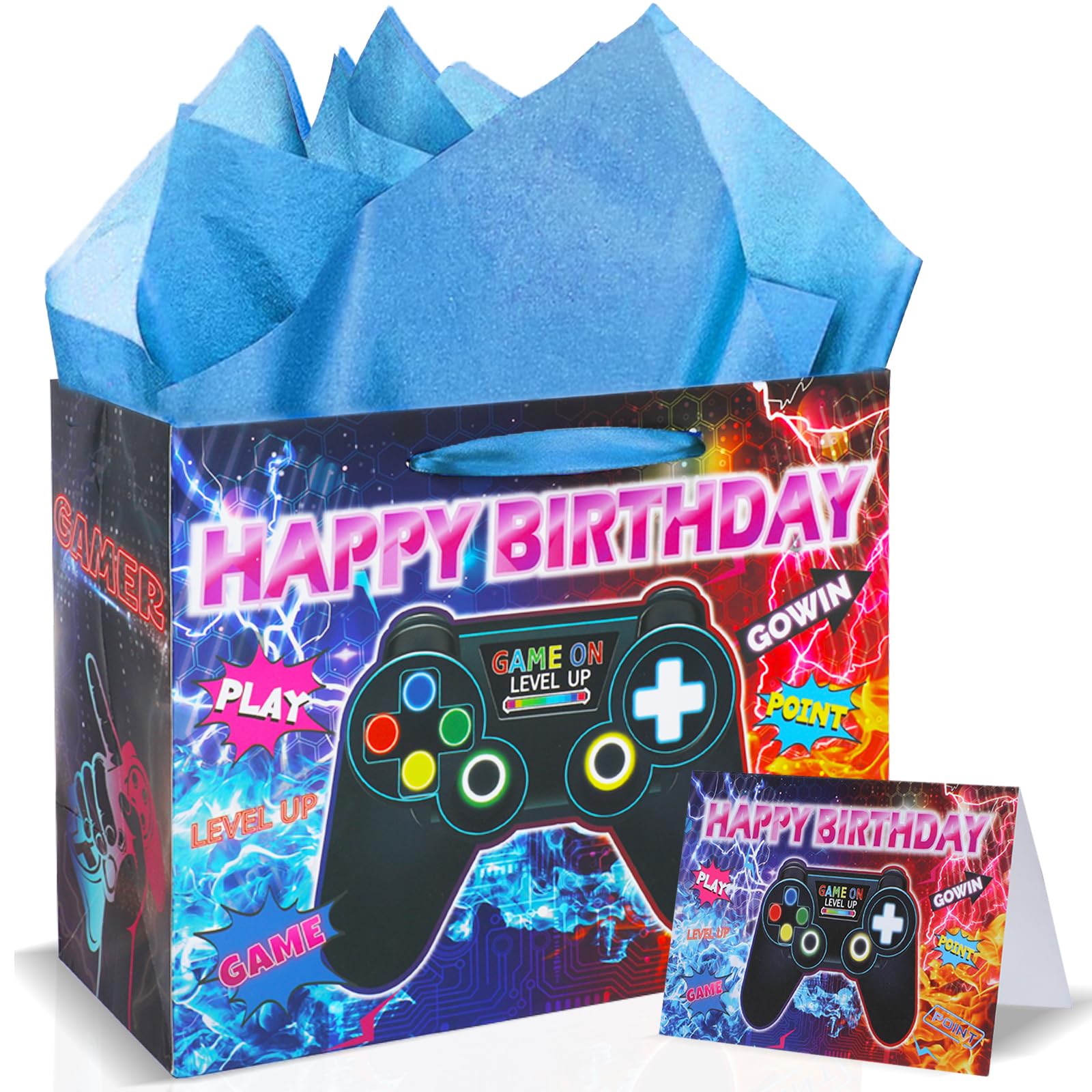 Game Theme Birthday Gift Bags Video Game Birthday Party Decorations Gaming Birthday Favor Bags with Gamer Happy Birthday Tissue Paper and Greeting Card for Boys Girls Game Theme Birthday Christmas Party Decor