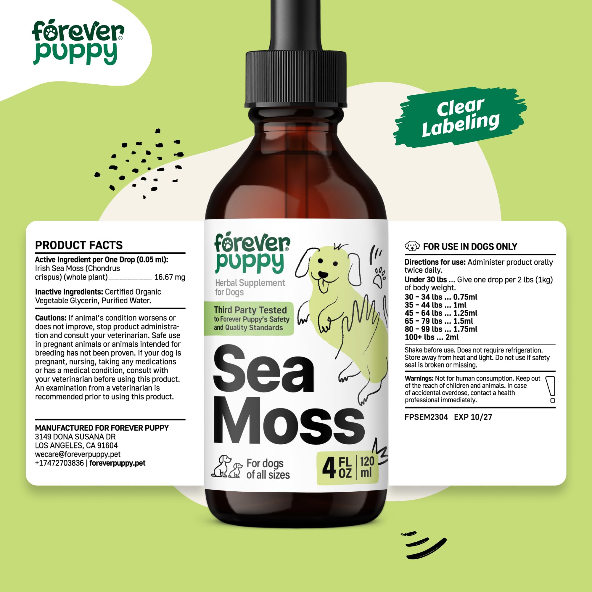 Irish Sea Moss Drops for Dogs - Thyroid & Energy Support for All Breeds & Sizes - Dog Food Supplements with Liquid Seamoss Extract - Natural Vitamins and Supplements for Thyroid Health - 4 oz