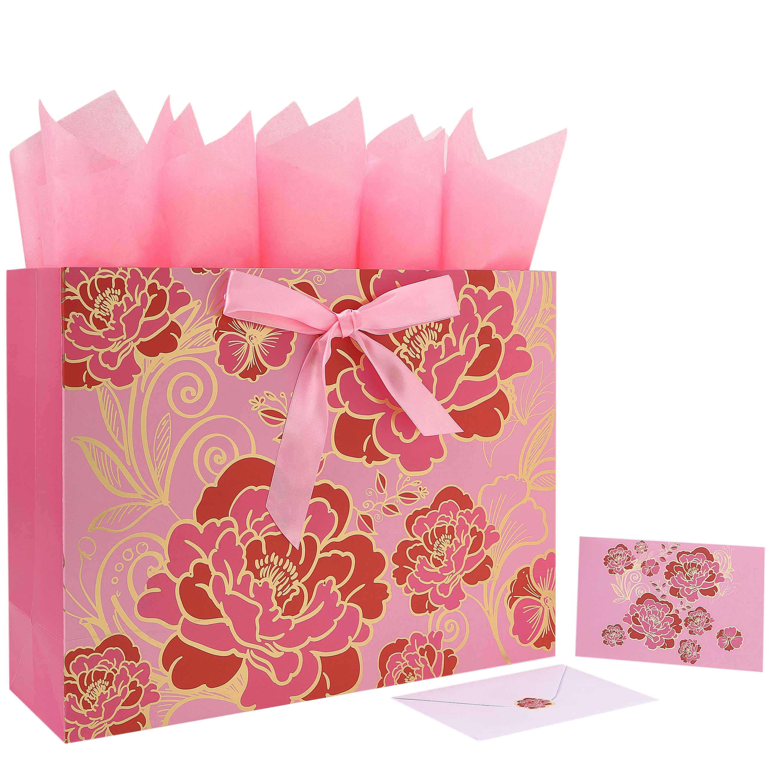 16.5" Extra Large Rose Pink Gift Bag Set with Greeting Card and Tissue Paper(Foil Traced Flowers) for Celebrating Birthdays, Mother's Day, Weddings, Anniversary, Valentine's Day - 16.5”x5.5”x12.6”, 1 Pcs.