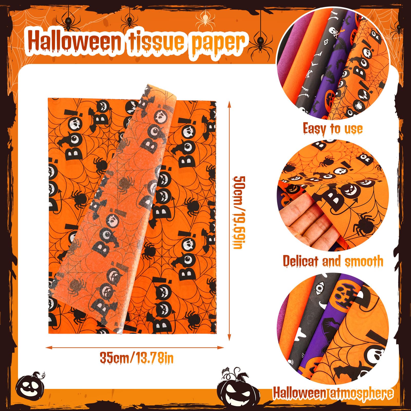 JUNEBRUSHS 90 Sheets Halloween Tissue Paper Black Orange Purple Wrapping Paper for Halloween DIY Crafts Fall Holiday Decoration Gift Packing 19.7 ×13.8 Inch