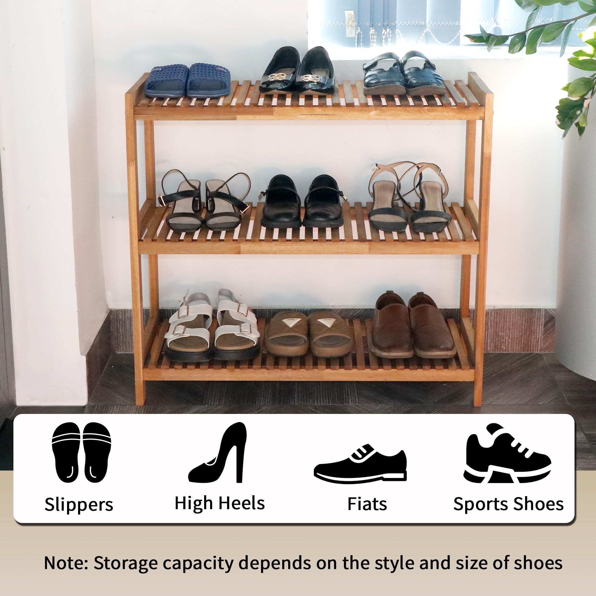 VICTORY RELAX 3-Tier Shoe Rack for Entryway,Acacia Wood Shoe Rack, Free Standing Shoe Racks for Indoor & Outdoor, Stackable Shoe Organizer for Closet