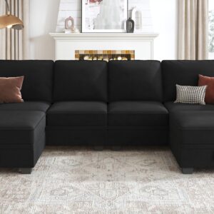 HONBAY Sectional Sofa with Storage Seat Velvet U Shaped Sectional Couch with Reversible Chaise Convertible Sectional Couches for Living Room,Black