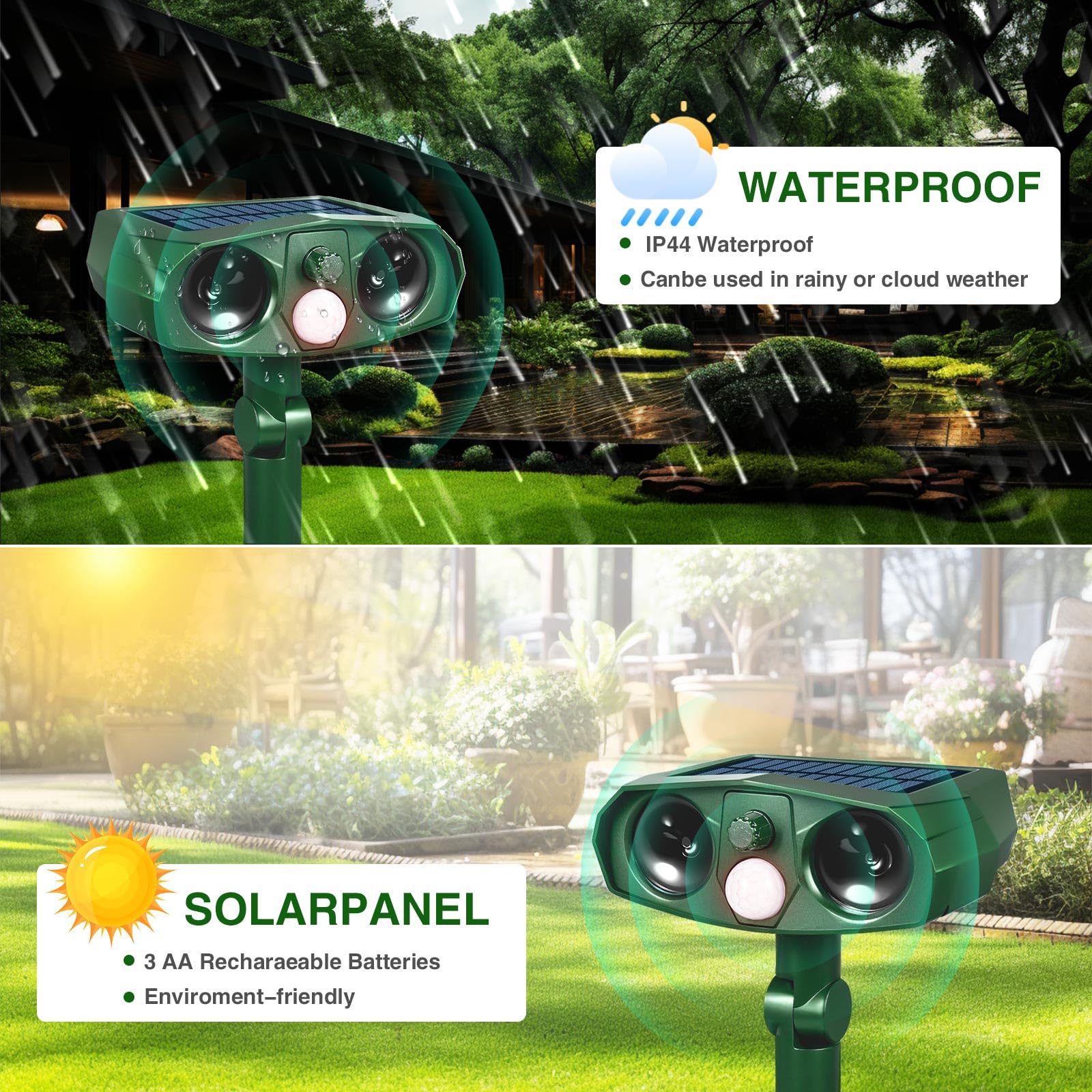 2 Pcs Ultrasonic Cat Repellent Outdoor Solar Animal Repeller for Cat Dog Deer Raccoon Rabbit Skunk Squirrel, Safe Deer Repellent Devices Animal Deterrent with Motion Sensor for Yard Lawn