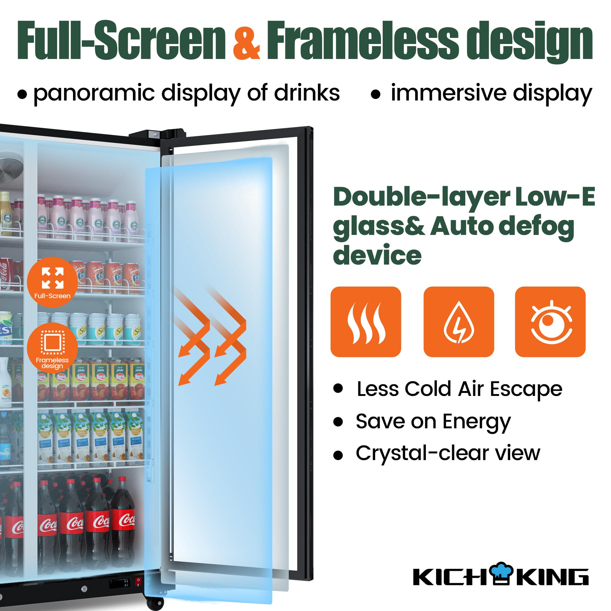 Full Screen Glass Commercial Cooler 27.1 Cu.Ft Aluminum Alloy Frame Merchandiser Refrigerator Low-E Glass Door Display Refrigerator Beverage Cooler, Adjustable Shelves Drink Organizer ETL/DOE, Black