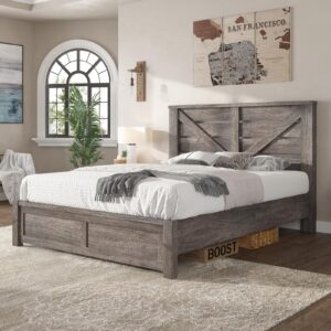 AMERLIFE Queen Size Farmhouse Bed Frame with 49.2" Barn Door Headboard, Platform Bed Frame with Wood Slats, Under Bed Storage Space, Easy Assembly, Noisy Free, Rustic Gray