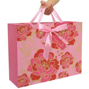 16.5" Extra Large Rose Pink Gift Bag Set with Greeting Card and Tissue Paper(Foil Traced Flowers) for Celebrating Birthdays, Mother's Day, Weddings, Anniversary, Valentine's Day - 16.5”x5.5”x12.6”, 1 Pcs.