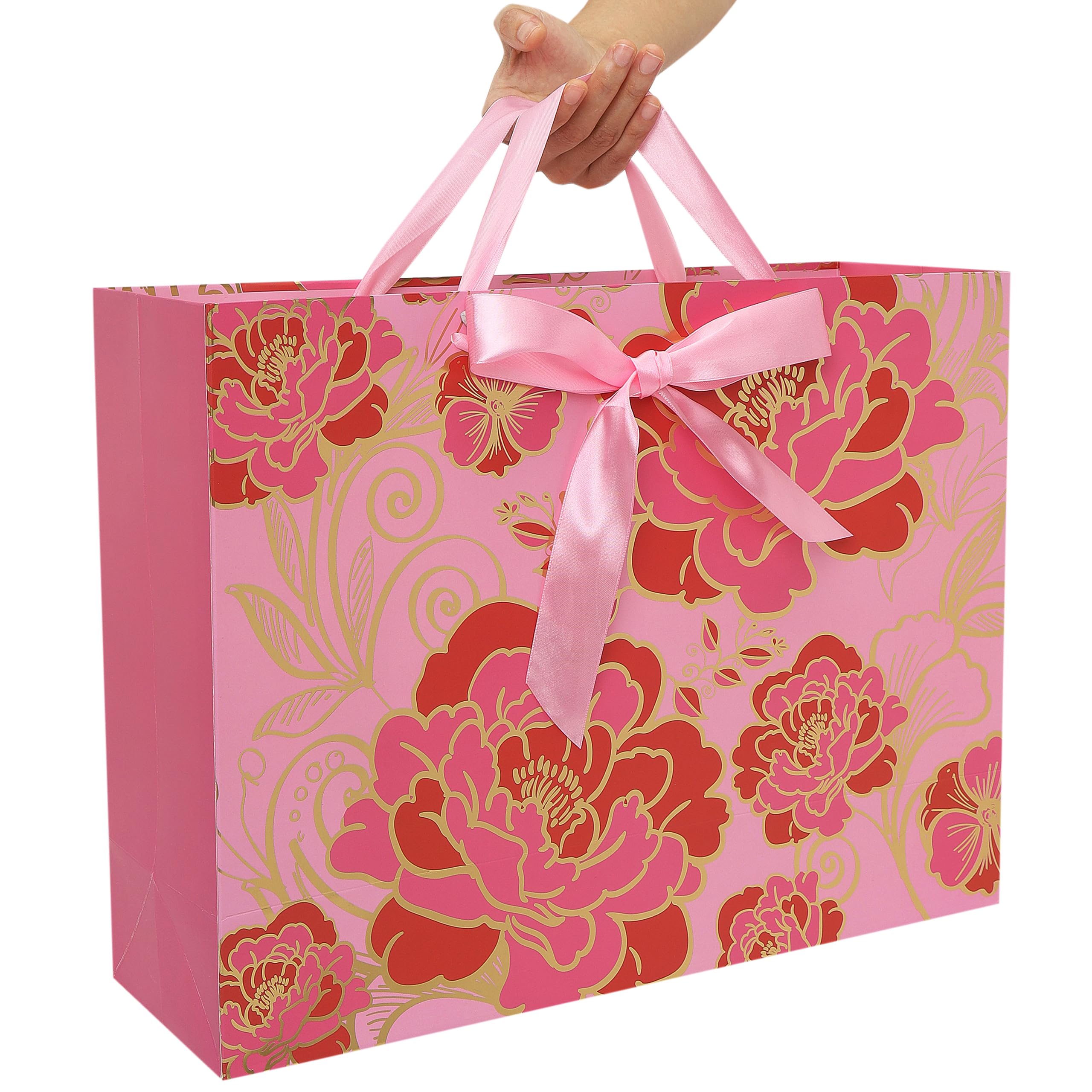 16.5" Extra Large Rose Pink Gift Bag Set with Greeting Card and Tissue Paper(Foil Traced Flowers) for Celebrating Birthdays, Mother's Day, Weddings, Anniversary, Valentine's Day - 16.5”x5.5”x12.6”, 1 Pcs.