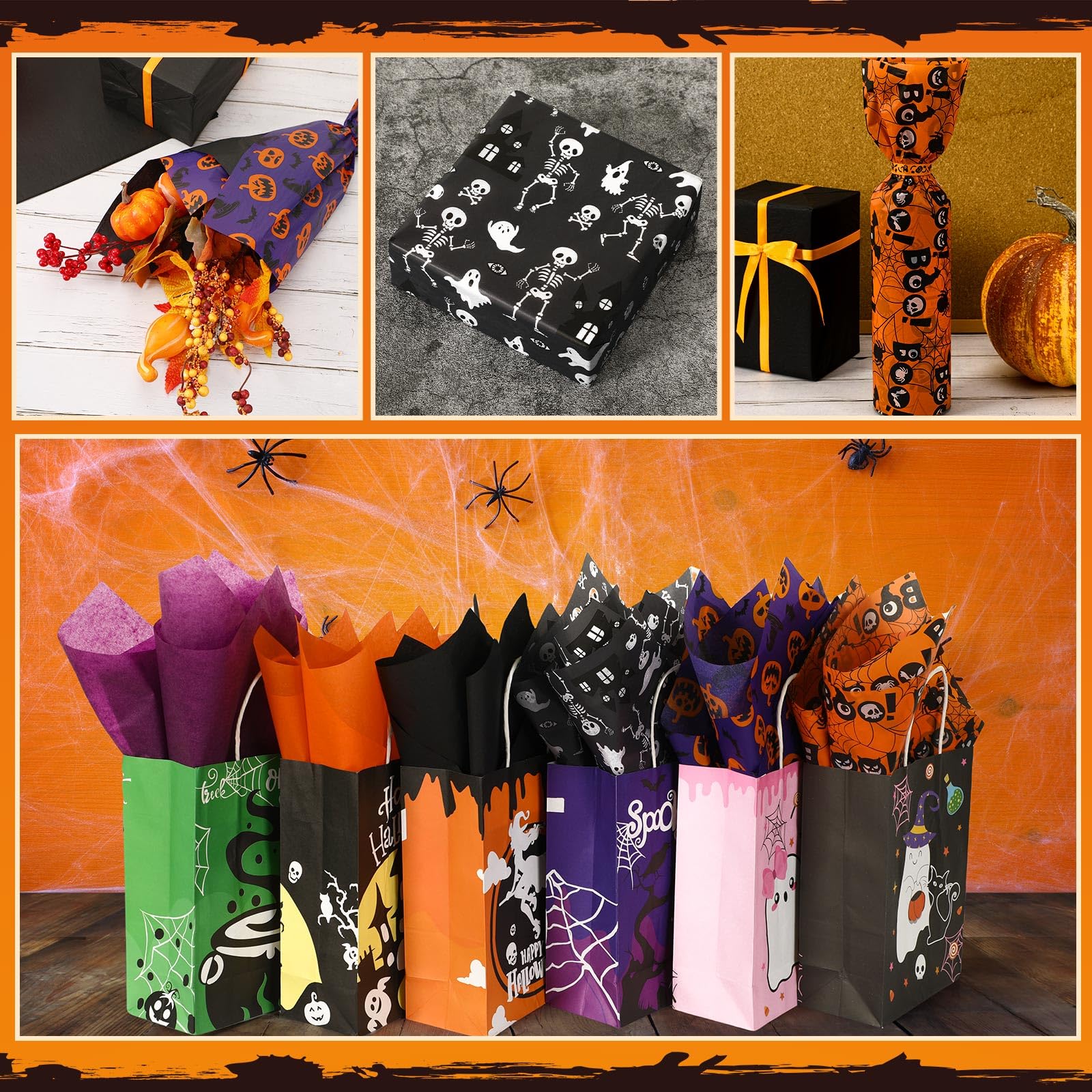 JUNEBRUSHS 90 Sheets Halloween Tissue Paper Black Orange Purple Wrapping Paper for Halloween DIY Crafts Fall Holiday Decoration Gift Packing 19.7 ×13.8 Inch