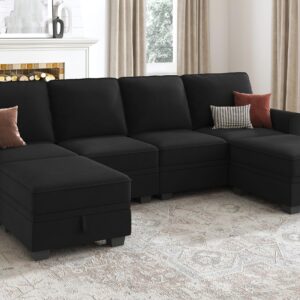 HONBAY Sectional Sofa with Storage Seat Velvet U Shaped Sectional Couch with Reversible Chaise Convertible Sectional Couches for Living Room,Black