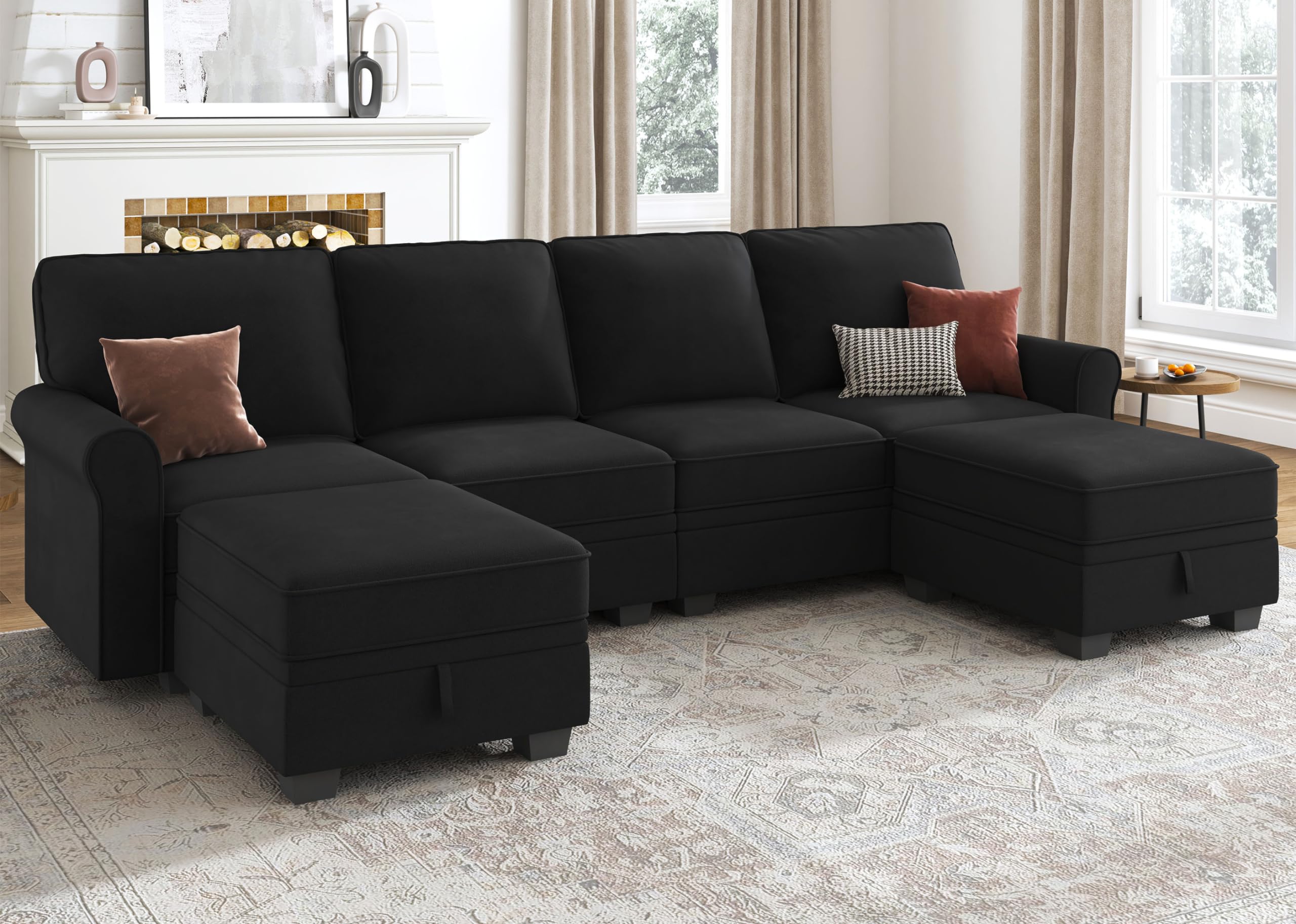 HONBAY Sectional Sofa with Storage Seat Velvet U Shaped Sectional Couch with Reversible Chaise Convertible Sectional Couches for Living Room,Black