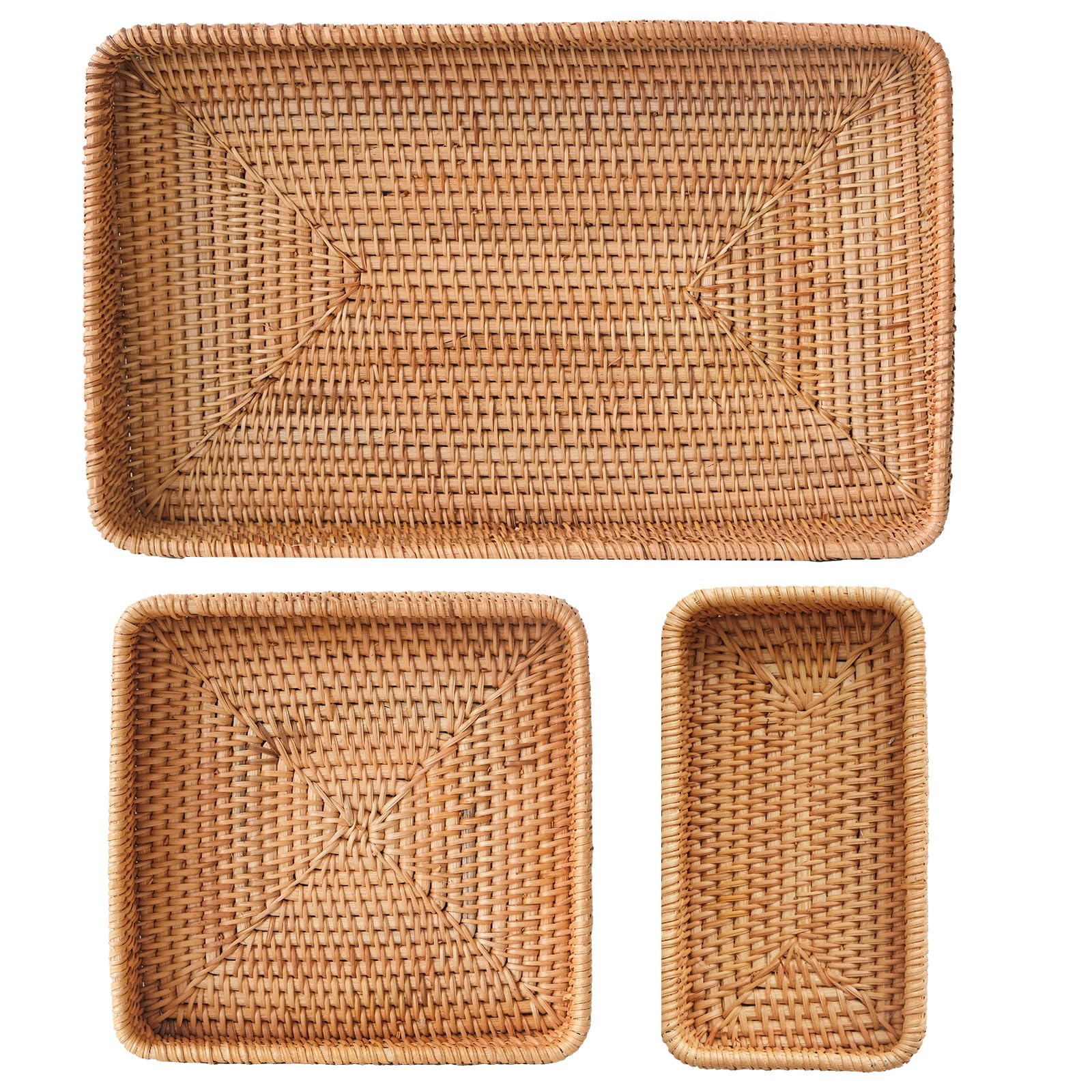 Rattan Serving Tray, Set of 3 Rectangle Woven Tray, Wicker Storage Basket Wicker Baskets for Organizing, Natural Wicker Decorative Serving Baskets for Organizing Tabletop Bathroom Kitchen Counter