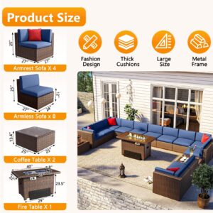 Jolydale Patio Furniture 15 Pieces Outdoor Furniture Set with 40" Fire Pit Table Wicker Rattan Sectional Conversation Set with Coffee Table for Patio, Garden, and Backyard (Blue)